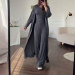 Womens Crew-neck Long-sleeve Top And Wide-leg Pants Set
