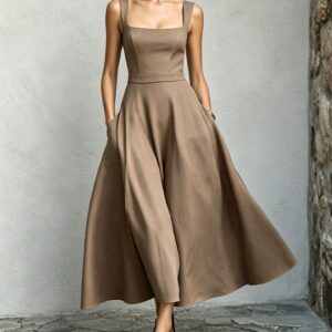 New Womens Square-neck Sleeveless Flared Dress