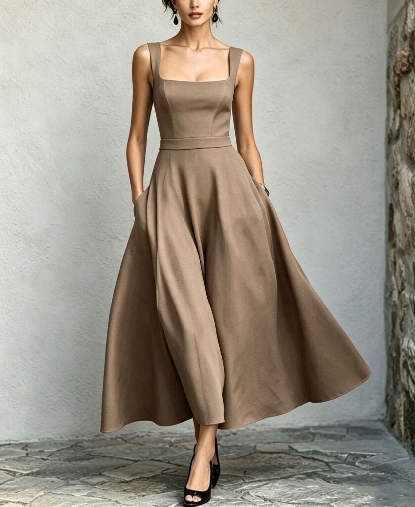New Womens Square-neck Sleeveless Flared Dress