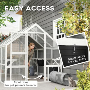 Wooden Catio Outdoor Cat Enclosure With Waterproof Cover, 2 Condos, 6 Platforms, Bridge, Doors, White