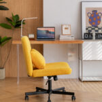 Yellow Linen Criss Cross Armless Office Chair with Wheels - Versatile for Home Office, Meditation & Makeup