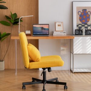 Yellow Linen Criss Cross Armless Office Chair with Wheels - Versatile for Home Office, Meditation & Makeup