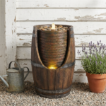 Outdoor Barrel Water Fountain With Lights Rustic Wood Look Resin Handmade Waterfall Garden Decor For Patio Yard Porch