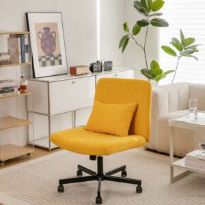 Yellow Linen Criss Cross Armless Office Chair with Wheels - Versatile for Home Office, Meditation & Makeup