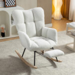 067-Teddy Fabric Leisure Rocking Chair With Adjustable Footstool,Nursery Rocking Chair, High Backrest, Storage Pocket On The Right Side,The Base Rocker Is Solid Wood And Metal,Ivory