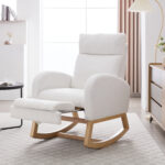 015B-Teddy Fabric Leisure Rocking Chair,Nursery Rocking Chair With Adjustable Footstool,Thickened Headrest And High Backrest, Storage Pocket On The Right Side,The Base Rocker Is Solid Wood,White