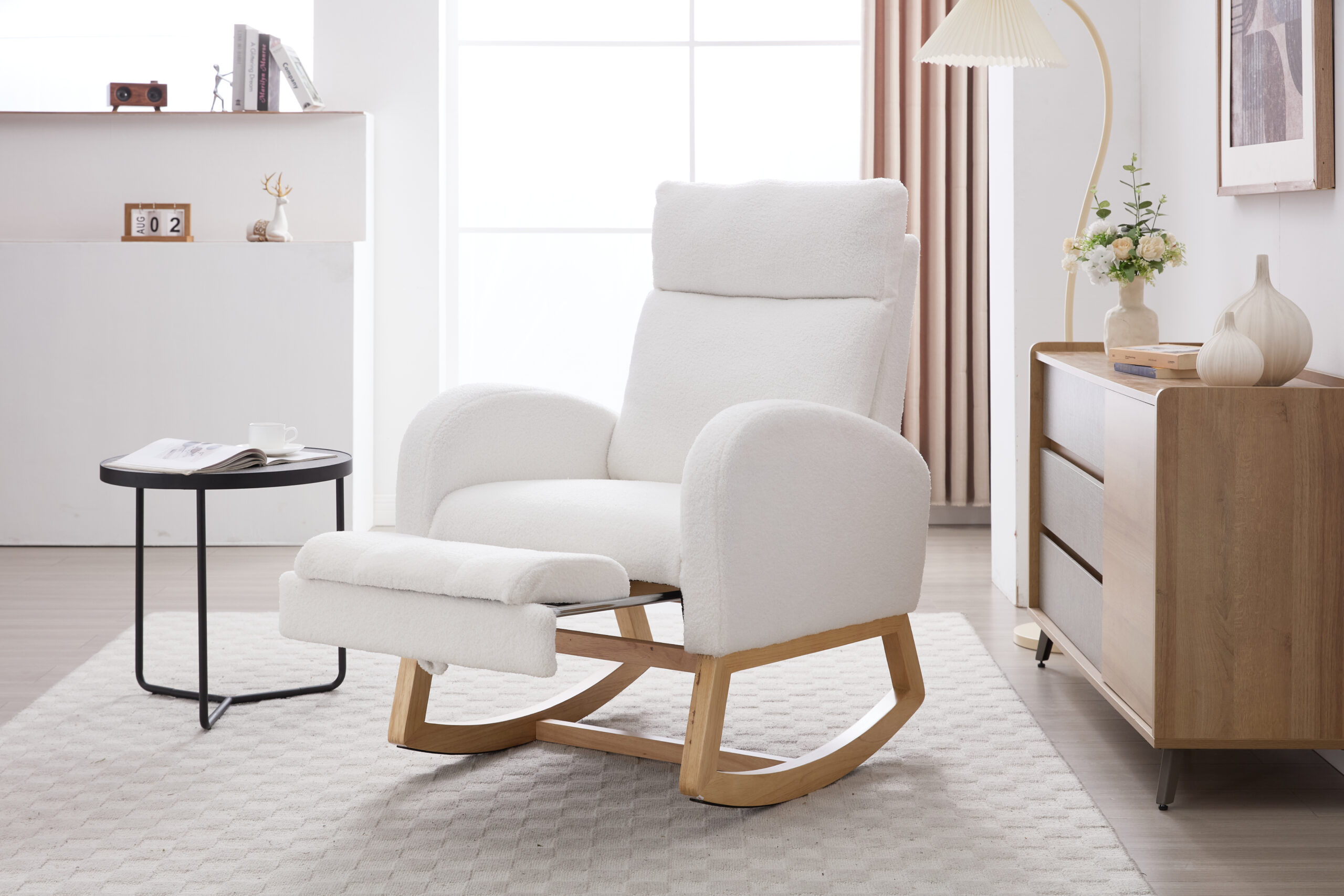 015B-Teddy Fabric Leisure Rocking Chair,Nursery Rocking Chair With Adjustable Footstool,Thickened Headrest And High Backrest, Storage Pocket On The Right Side,The Base Rocker Is Solid Wood,White - Image 4