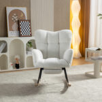 067-Teddy Fabric Leisure Rocking Chair With Adjustable Footstool,Nursery Rocking Chair, High Backrest, Storage Pocket On The Right Side,The Base Rocker Is Solid Wood And Metal,Ivory