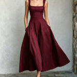 New Womens Square-neck Sleeveless Flared Dress