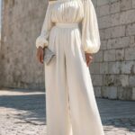 One-shoulder Puff-sleeve Waist-cinching Wide-leg Jumpsuit