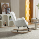067-Teddy Fabric Leisure Rocking Chair With Adjustable Footstool,Nursery Rocking Chair, High Backrest, Storage Pocket On The Right Side,The Base Rocker Is Solid Wood And Metal,Ivory