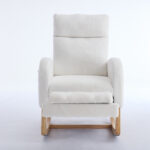 015B-Teddy Fabric Leisure Rocking Chair,Nursery Rocking Chair With Adjustable Footstool,Thickened Headrest And High Backrest, Storage Pocket On The Right Side,The Base Rocker Is Solid Wood,White