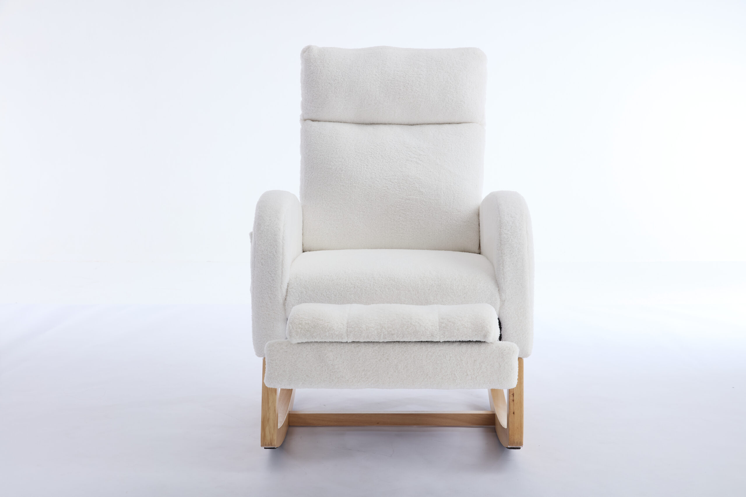 015B-Teddy Fabric Leisure Rocking Chair,Nursery Rocking Chair With Adjustable Footstool,Thickened Headrest And High Backrest, Storage Pocket On The Right Side,The Base Rocker Is Solid Wood,White - Image 12