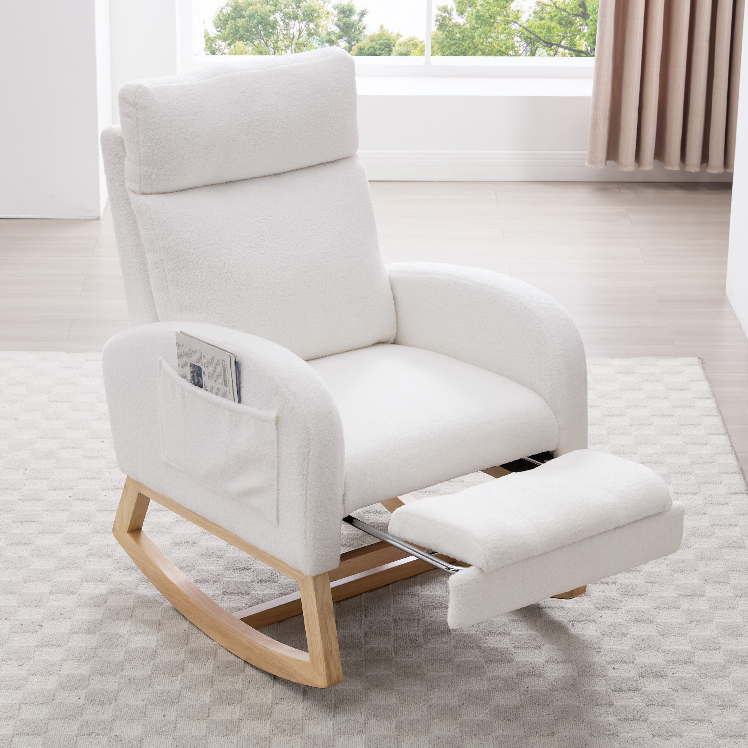 015B-Teddy Fabric Leisure Rocking Chair,Nursery Rocking Chair With Adjustable Footstool,Thickened Headrest And High Backrest, Storage Pocket On The Right Side,The Base Rocker Is Solid Wood,White - Image 3