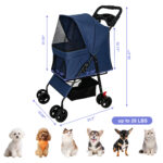 Foldable Pet Stroller for Small Dogs and Cats Under 28 lbs with Multi-Functional Tray, 2 Safety Leashes, Storage Basket & Breathable Mesh, 4 Wheels Pet Stroller, Blue