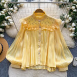 Commuter-style Yellow Ruffled Beaded Lantern-sleeve Blouse