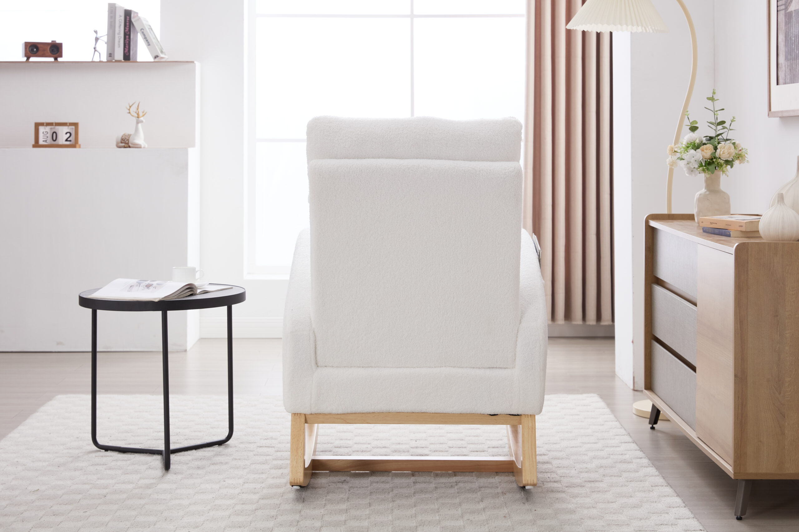 015B-Teddy Fabric Leisure Rocking Chair,Nursery Rocking Chair With Adjustable Footstool,Thickened Headrest And High Backrest, Storage Pocket On The Right Side,The Base Rocker Is Solid Wood,White - Image 16