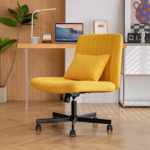 Yellow Linen Criss Cross Armless Office Chair with Wheels - Versatile for Home Office, Meditation & Makeup