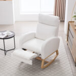 015B-Teddy Fabric Leisure Rocking Chair,Nursery Rocking Chair With Adjustable Footstool,Thickened Headrest And High Backrest, Storage Pocket On The Right Side,The Base Rocker Is Solid Wood,White