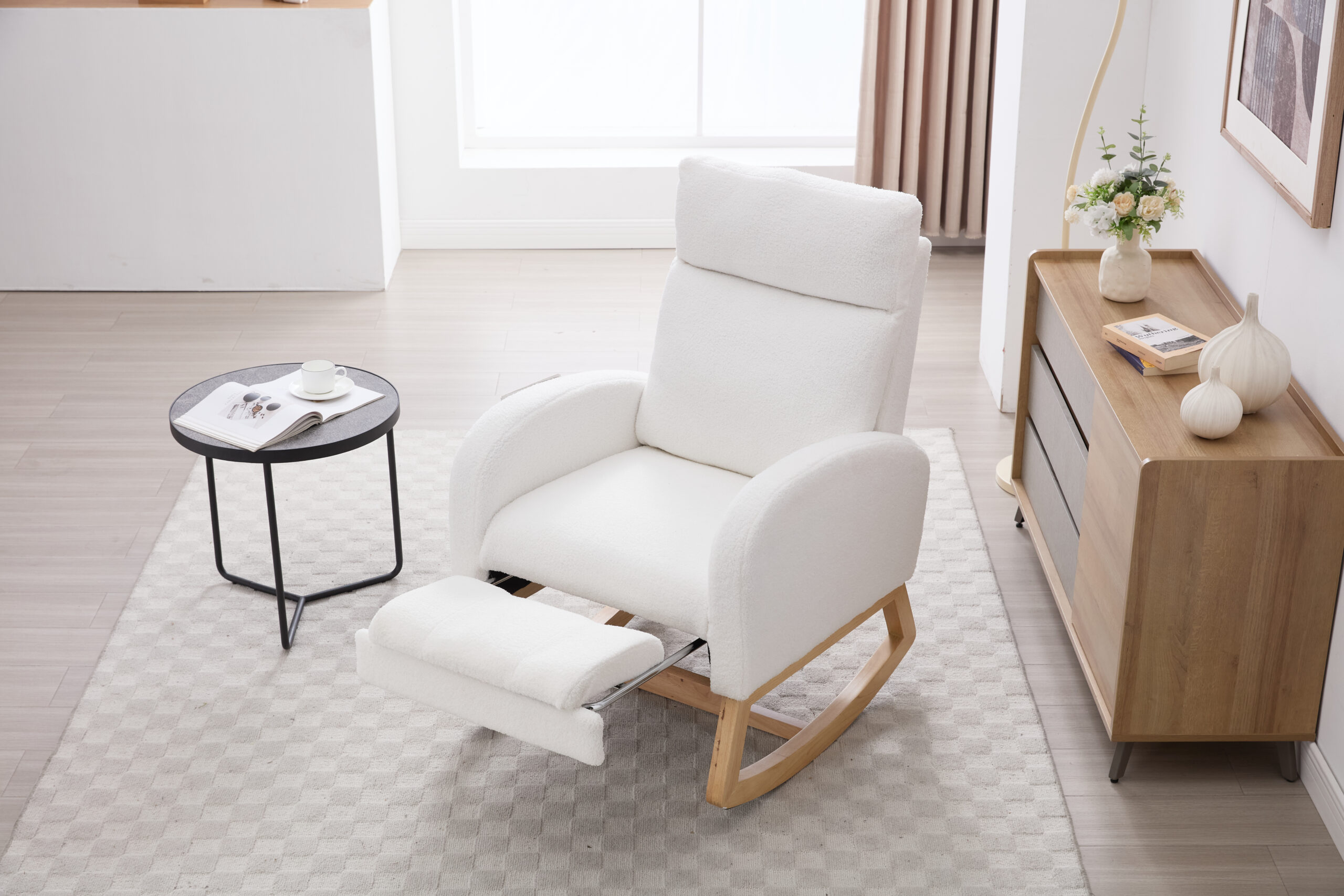 015B-Teddy Fabric Leisure Rocking Chair,Nursery Rocking Chair With Adjustable Footstool,Thickened Headrest And High Backrest, Storage Pocket On The Right Side,The Base Rocker Is Solid Wood,White - Image 5
