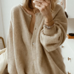 Oversized Crew Neck Button Knit Cardigan Women Soft Puff Sleeve Sweater Coat