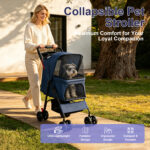 Foldable Pet Stroller for Small Dogs and Cats Under 28 lbs with Multi-Functional Tray, 2 Safety Leashes, Storage Basket & Breathable Mesh, 4 Wheels Pet Stroller, Blue