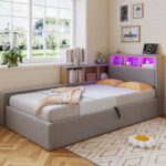 Upholstered Bed, 3FT Single Bed 90x190cm, Daybed Sofa Bed, Modern Velvet Youth Bed, For Adults & Teenagers, With Charging Port, LED Strip, With Storage Space, Easy Assembly, Velvet, Grey No Mattress