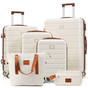 6-Piece Hardside Luggage Set with TSA Lock, 16/20/24/28 Inch Spinner Suitcase Set with Expandable Travel Duffel Bag & Waterproof Toiletry Kit, Adjustable Handle (ivory and brown)