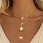 Cross-border European American Ins Style Necklace Jewelry Set, Sea Star, Faux Pearl, Floral, Conch & Scallop Pendant Flat Snake Chain Clavicle Neck Jewelry For Women