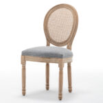 Farmhouse Solid Wood Frame Dining Chairs with Cushioned Linen Seat & Woven Rattan Backrest for Kitchen, Dining Room, Living Room, Grey, Set of 2
