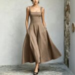New Womens Square-neck Sleeveless Flared Dress