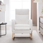 015B-Teddy Fabric Leisure Rocking Chair,Nursery Rocking Chair With Adjustable Footstool,Thickened Headrest And High Backrest, Storage Pocket On The Right Side,The Base Rocker Is Solid Wood,White