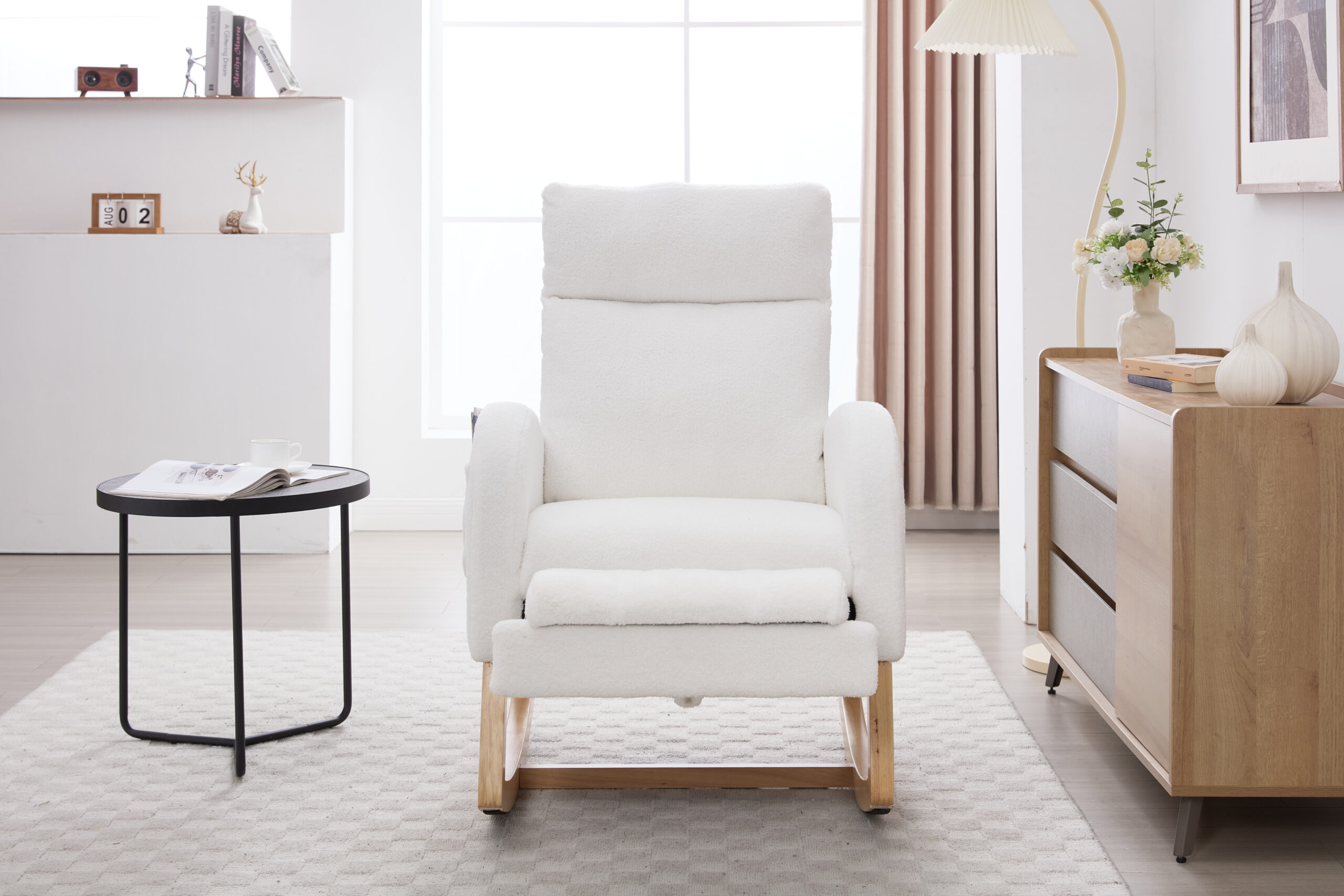 015B-Teddy Fabric Leisure Rocking Chair,Nursery Rocking Chair With Adjustable Footstool,Thickened Headrest And High Backrest, Storage Pocket On The Right Side,The Base Rocker Is Solid Wood,White - Image 13