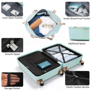 4-Piece Luggage Set with USB Charging Ports - 20in Carry-On (Front-Opening for Laptop) 28in Checked Suitcase with TSA Lock Travel Duffel Bag Wet-Dry Toiletry Bag, grey green