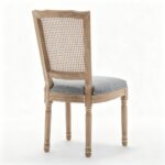 Farmhouse Solid Wood Frame Dining Chairs with Cushioned Linen Seat & Woven Rattan Tapered Backrest for Kitchen, Dining Room, Living Room, Grey, Set of 2