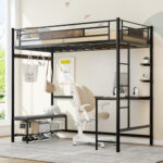 Twin Metal Loft Bed Frame With Storage, Buckle-Fastened Slats, No Box Spring
