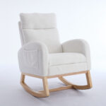 015B-Teddy Fabric Leisure Rocking Chair,Nursery Rocking Chair With Adjustable Footstool,Thickened Headrest And High Backrest, Storage Pocket On The Right Side,The Base Rocker Is Solid Wood,White
