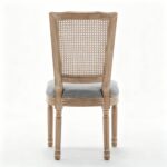 Farmhouse Solid Wood Frame Dining Chairs with Cushioned Linen Seat & Woven Rattan Tapered Backrest for Kitchen, Dining Room, Living Room, Grey, Set of 2