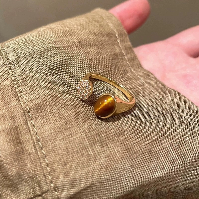 New Vintage Maillard Style Gold Tone Tiger's Eye Ring For Women, Light Luxury Premium Index Finger Band, Versatile Stackable Summer Finger Jewelry