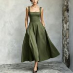 New Womens Square-neck Sleeveless Flared Dress