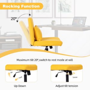 Yellow Linen Criss Cross Armless Office Chair with Wheels - Versatile for Home Office, Meditation & Makeup