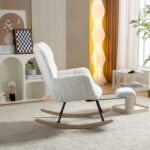 067-Teddy Fabric Leisure Rocking Chair With Adjustable Footstool,Nursery Rocking Chair, High Backrest, Storage Pocket On The Right Side,The Base Rocker Is Solid Wood And Metal,Ivory