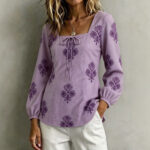 Womens Casual Long-sleeve Square-neck Top With A Standard Digital Print