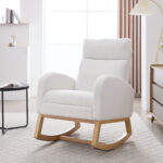 015B-Teddy Fabric Leisure Rocking Chair,Nursery Rocking Chair With Adjustable Footstool,Thickened Headrest And High Backrest, Storage Pocket On The Right Side,The Base Rocker Is Solid Wood,White