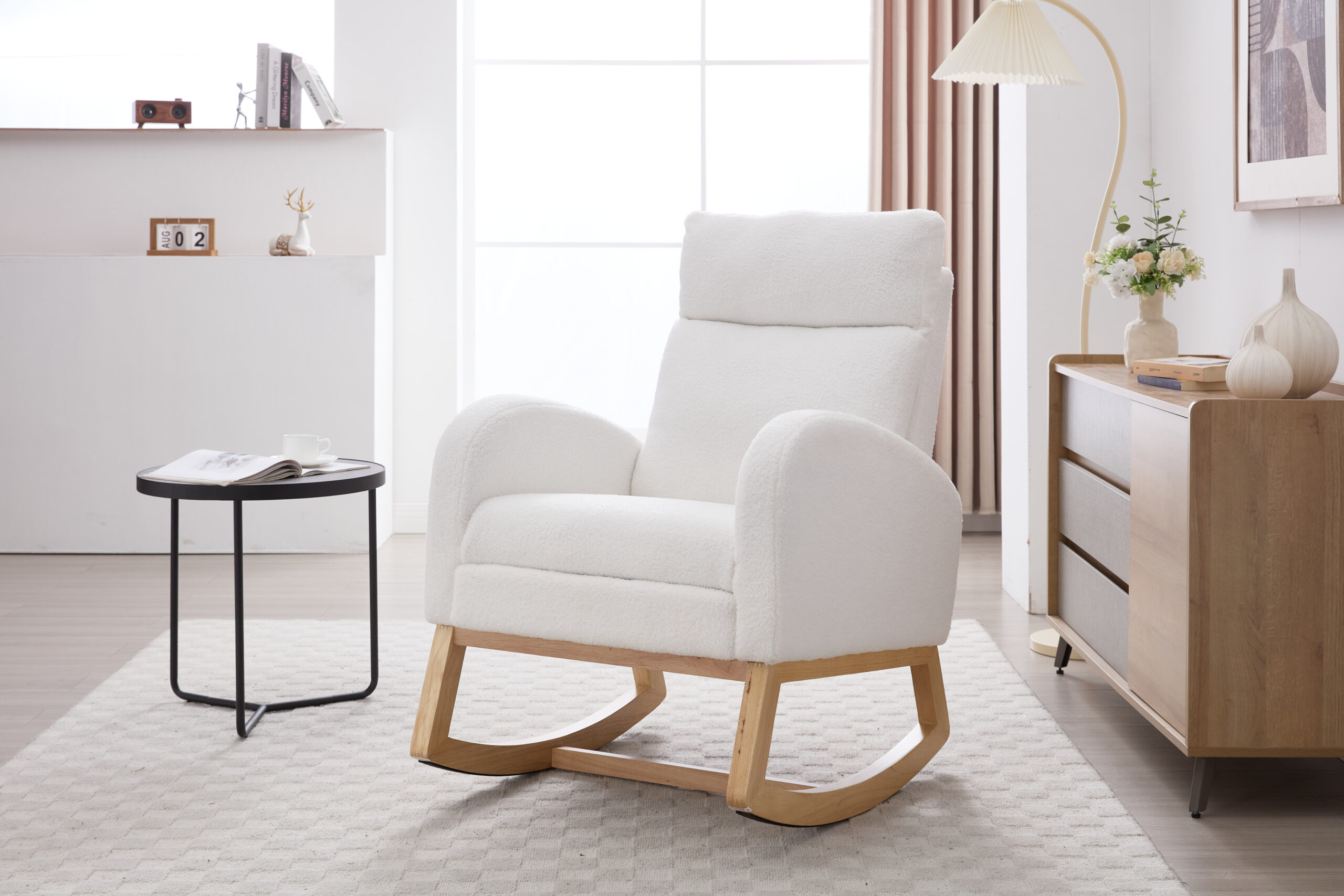 015B-Teddy Fabric Leisure Rocking Chair,Nursery Rocking Chair With Adjustable Footstool,Thickened Headrest And High Backrest, Storage Pocket On The Right Side,The Base Rocker Is Solid Wood,White - Image 18