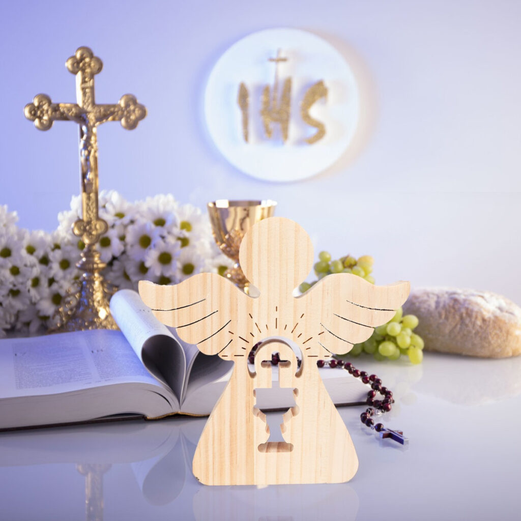 Wooden Christening Decoration - Decorative Gift Set For Christening Celebrations With A Natural Wooden Stand And Festive Decorations