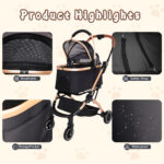 Pet Stroller for Dogs and Cats, 2-in-1 Detachable Foldable 4 Wheels Pet Stroller, Quick One-Hand Fold, Storage Basket, Detachable Carry Basket with Sun Canopy(Black+Gold)