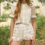 Ruffle-detail Blouse Tiered Lace-panel Shorts Set