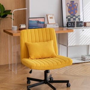 Yellow Linen Criss Cross Armless Office Chair with Wheels - Versatile for Home Office, Meditation & Makeup