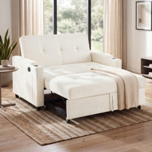2 Seater Pull Out Sofa Bed, Multi-Functional Sleeper Loveseat With Cup Holders, Convertible Fold Out Guest Couch, Space Saving Sofa Sleeper For Apartment, Living Room, Guest Room, Studio, Dorm .